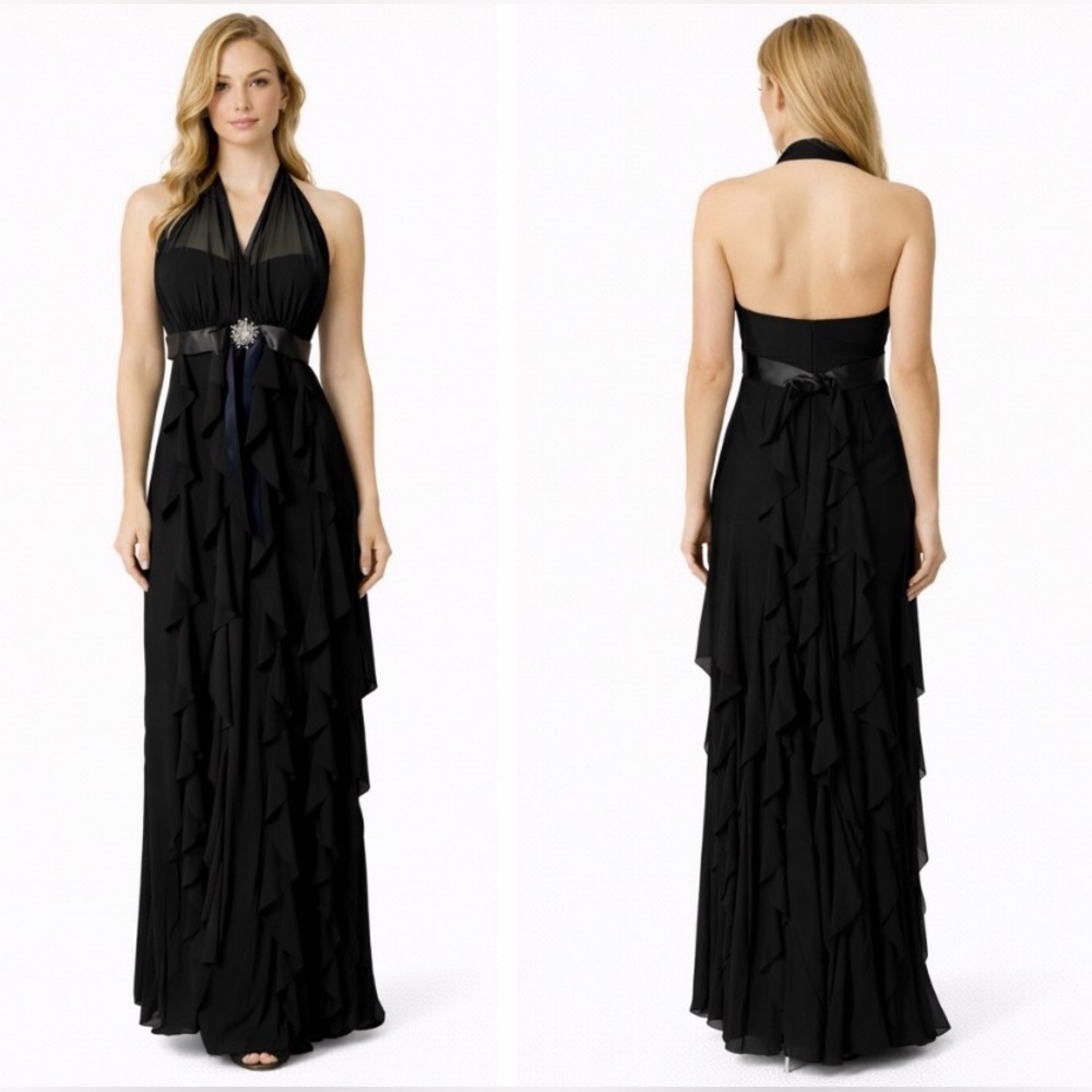 Betsy & Adam Formal Maxi Long Black Dress 8 Ruffle Crystal Halter Party NEW